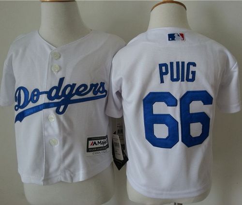 Toddler Dodgers #66 Yasiel Puig White Cool Base Stitched MLB Jersey