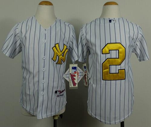 Yankees #2 Derek Jeter White Stitched Youth Fashion Gold MLB Jersey