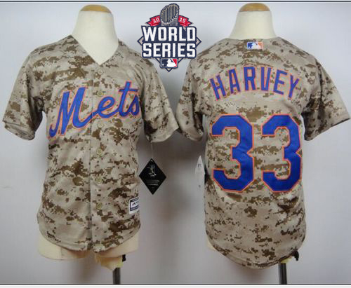 Mets #33 Matt Harvey Camo Alternate Cool Base W/2015 World Series Patch Stitched Youth MLB Jersey