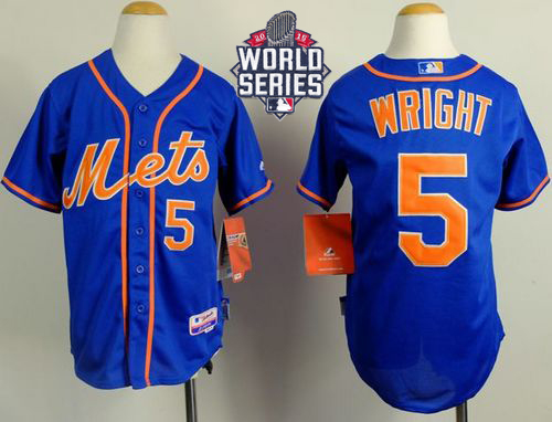 Mets #5 David Wright Blue Alternate Home Cool W/2015 World Series Patch Stitched Youth MLB Jersey