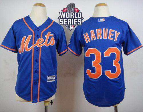 Mets #33 Matt Harvey Blue Alternate Home Cool W/2015 World Series Patch Stitched Youth MLB Jersey