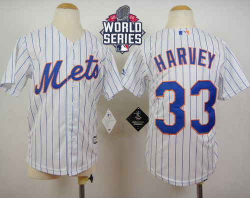Mets #33 Matt Harvey White(Blue Strip) Home Cool Base W/2015 World Series Patch Stitched Youth MLB Jersey