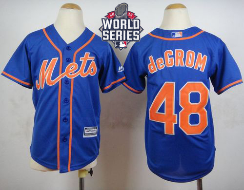 Mets #48 Jacob DeGrom Blue Alternate Home Cool Base W/2015 World Series Patch Stitched Youth MLB Jersey