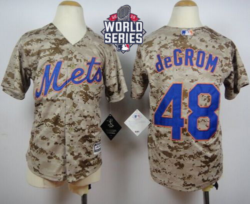 Mets #48 Jacob DeGrom Camo Alternate Cool Base W/2015 World Series Patch Stitched Youth MLB Jersey