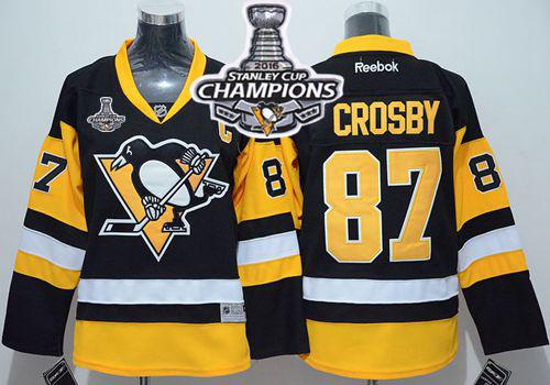 Penguins #87 Sidney Crosby Black 2016 Stanley Cup Champions Stitched Youth NHL Jersey