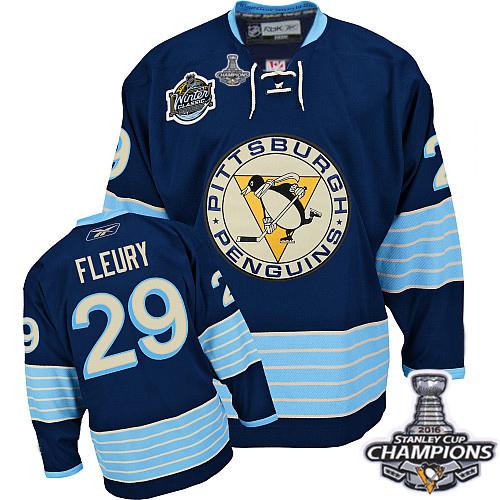 Penguins #29 Andre Fleury 2011 Winter Classic Vintage Dark Blue 2016 Stanley Cup Champions Stitched Youth NHL Jersey