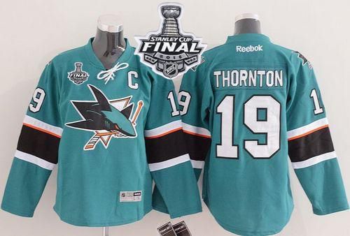 Sharks #19 Joe Thornton Green 2016 Stanley Cup Final Patch Stitched Youth NHL Jersey
