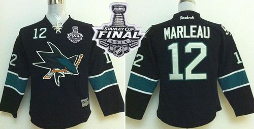 Sharks #12 Patrick Marleau Black 2016 Stanley Cup Final Patch Stitched Youth NHL Jersey