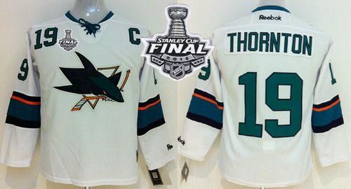 Sharks #19 Joe Thornton White 2016 Stanley Cup Final Patch Stitched Youth NHL Jersey