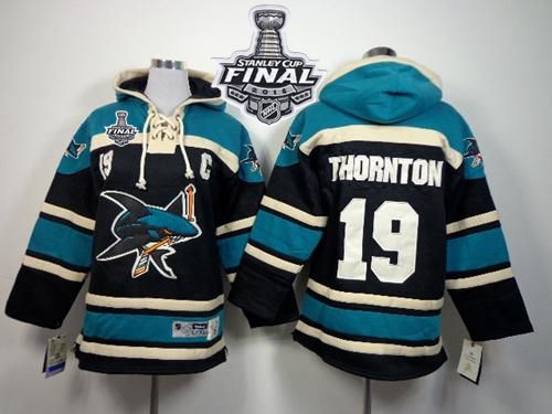 Sharks #19 Joe Thornton Black Sawyer Hooded Sweatshirt 2016 Stanley Cup Final Patch Stitched Youth NHL Jersey