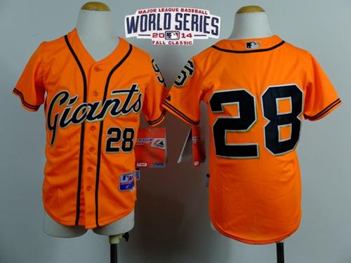 Giants #28 Buster Posey Orange W/2014 World Series Patch Stitched Youth MLB Jersey