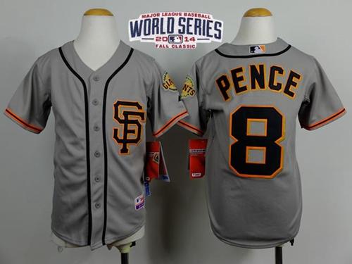 Giants #8 Hunter Pence Grey Road 2 Cool Base W/2014 World Series Patch Stitched Youth MLB Jersey
