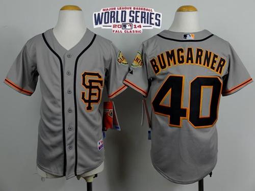 Giants #40 Madison Bumgarner Grey Road 2 Cool Base W/2014 World Series Patch Stitched Youth MLB Jersey