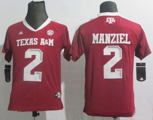 Aggies #2 Johnny Manziel Red SEC Patch Stitched Youth NCAA Jersey