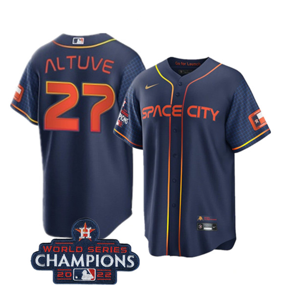 Youth Houston Astros #27 Jose Altuve Navy 2022 World Series Champions City Connect Stitched Baseball Jersey