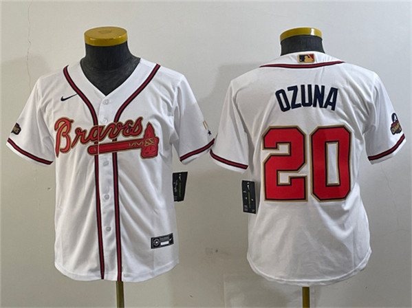 Youth Atlanta Braves #20 Marcell Ozuna White/Gold World Series Champions Program Stitched Stitched Jersey