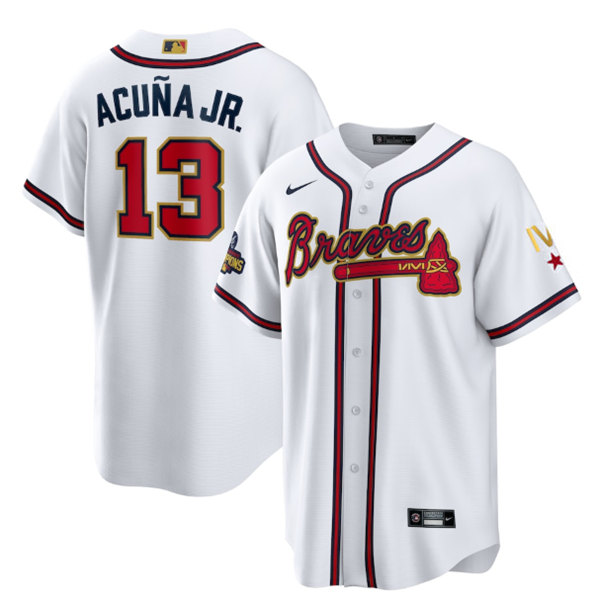 Youth Atlanta Braves #13 Ronald Acuña Jr 2022 White/Gold World Series Champions Program Cool Base Stitched Jersey