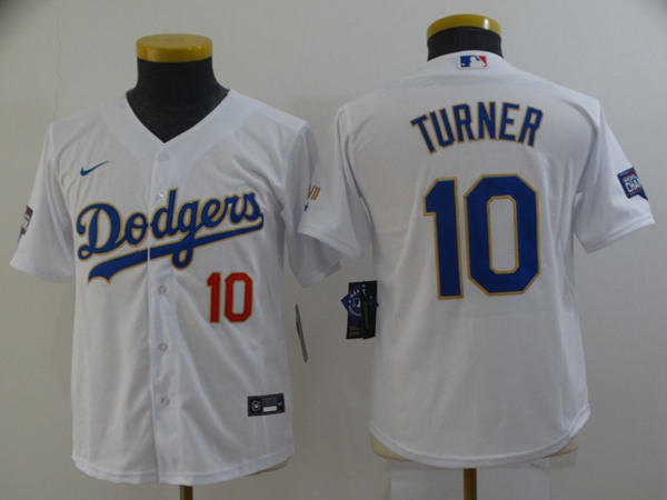 Youth Los Angeles Dodgers #10 Justin Turner White Gold Championship Cool Base Stitched Jersey