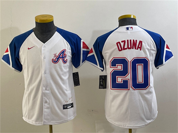 Youth Atlanta Braves #20 Marcell Ozuna White 2023 City Connect Stitched Baseball Jersey
