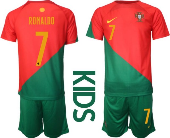 Youth Portugal #7 Cristiano Ronaldo Red Green Home Jersey Suit