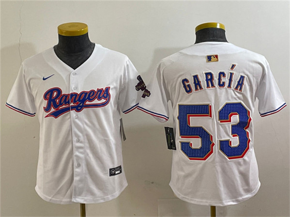 Youth Texas Rangers #53 Adolis Garcia White Gold Stitched Baseball Jersey