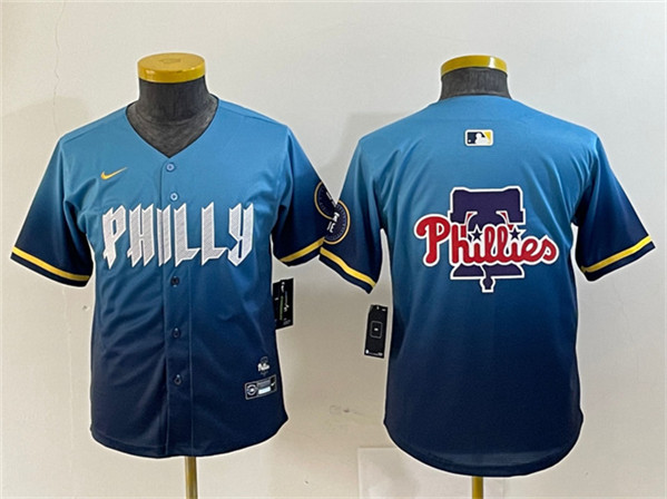 Youth Philadelphia Phillies Team Big Logo Blue 2024 City Connect Limited Stitched Baseball Jersey