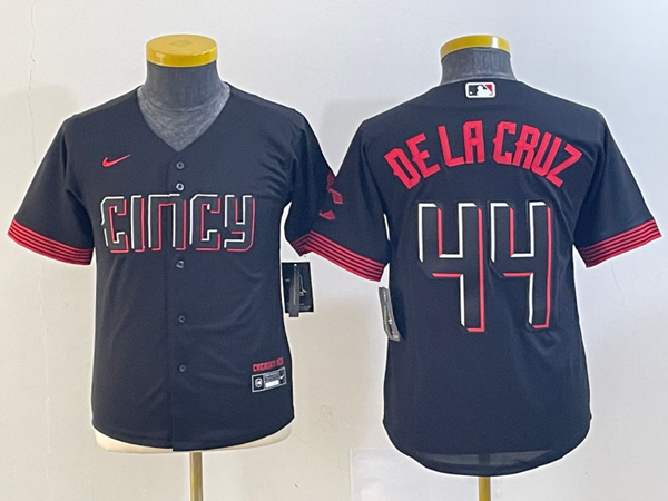 Youth Cincinnati Reds #44 Elly De La Cruz Black 2023 City Connect Stitched Baseball Jersey
