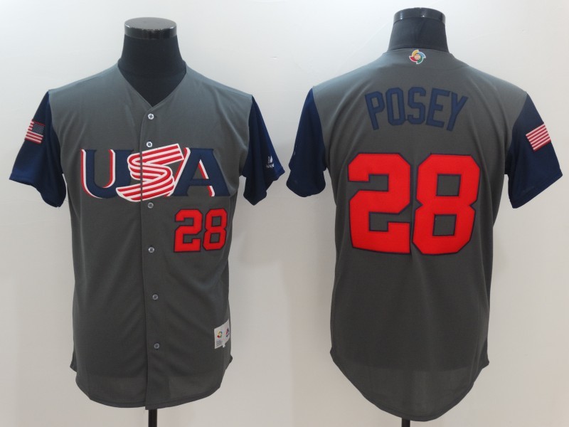 Men's USA Baseball #28 Buster Posey Gray 2017 World Baseball Classic Stitched WBC Jersey